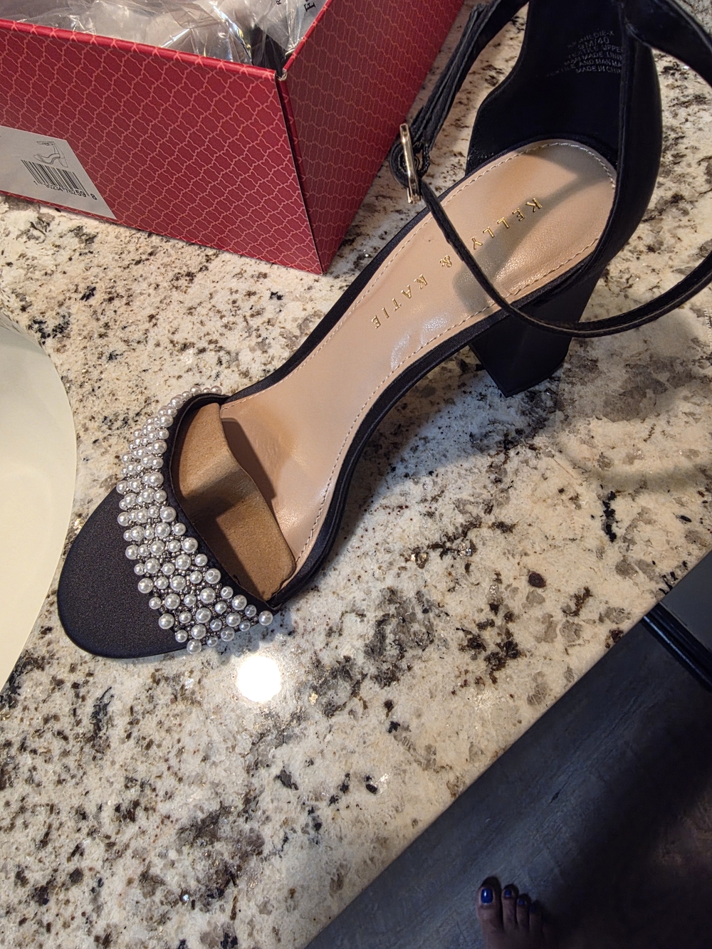 Kelly & Katie Black Pearl-Embellished Ankle Strap Sandal